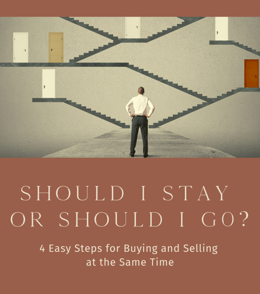 Should I stay or should I go? A man stands looking at many staircase options, deciding whether to move or stay put.