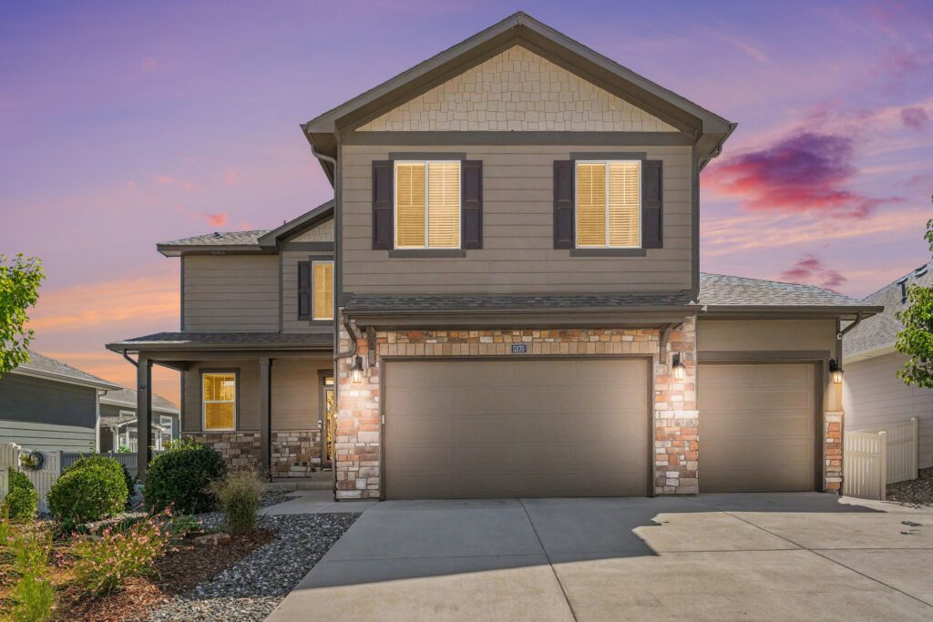 Twilight exterior of 5370 Silverleaf Ave, a home for sale in Firestone, CO
