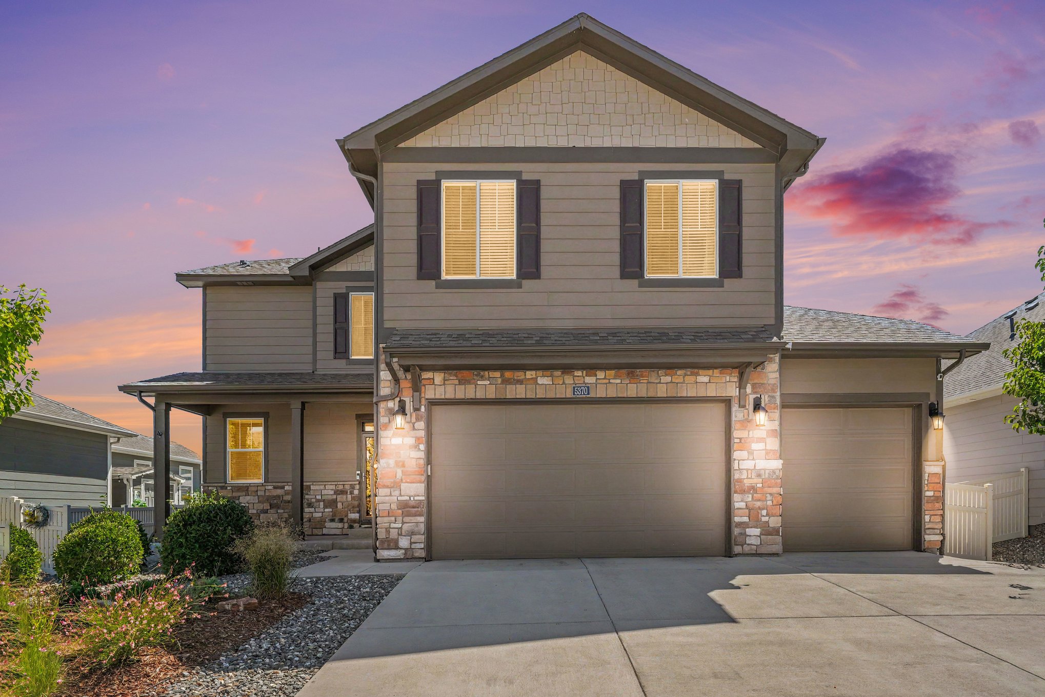 Twilight exterior of 5370 Silverleaf Ave, a home for sale in Firestone, CO