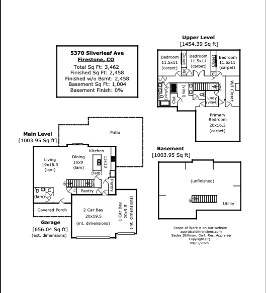 Floor plan of 5370 Silverleaf Ave showing the main level, second floor and unfinished basement